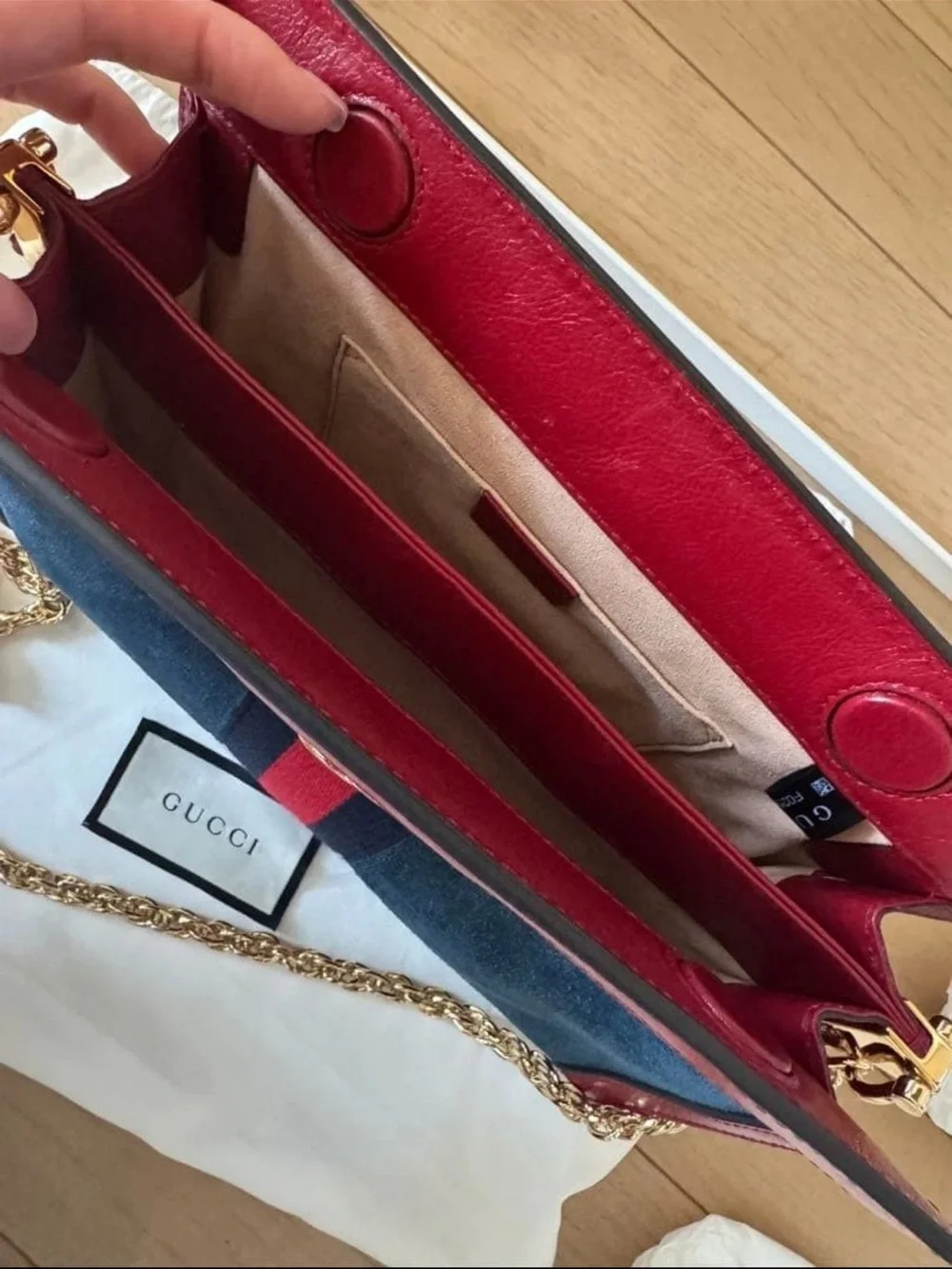 Gucci Navy Suede Crossbody with Red Trim and Gold Chain